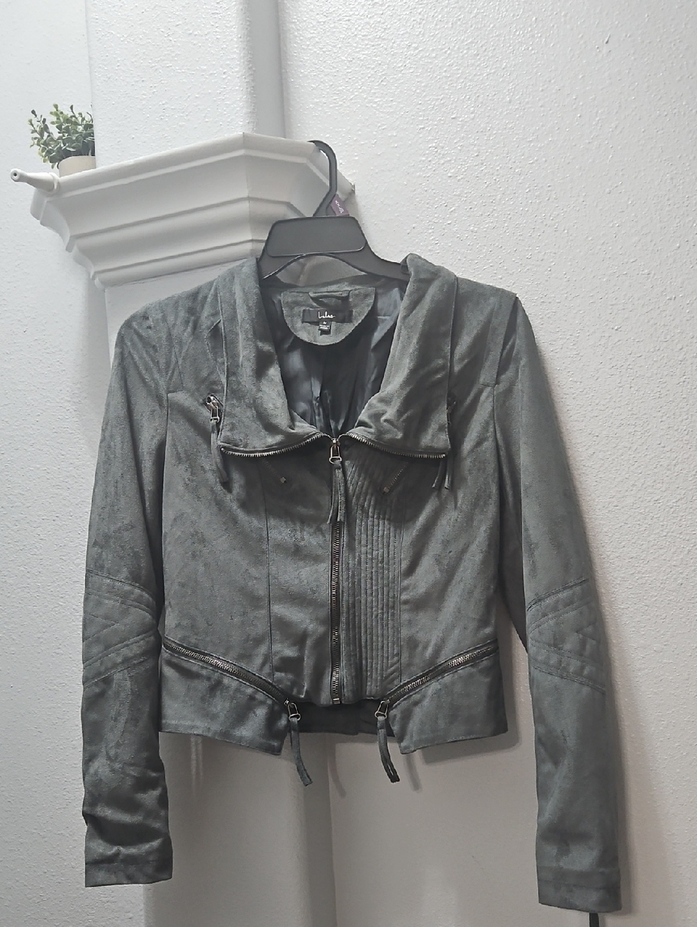 lulus Gray Faux Suede-Look Zip Front Motto Women's Jacket